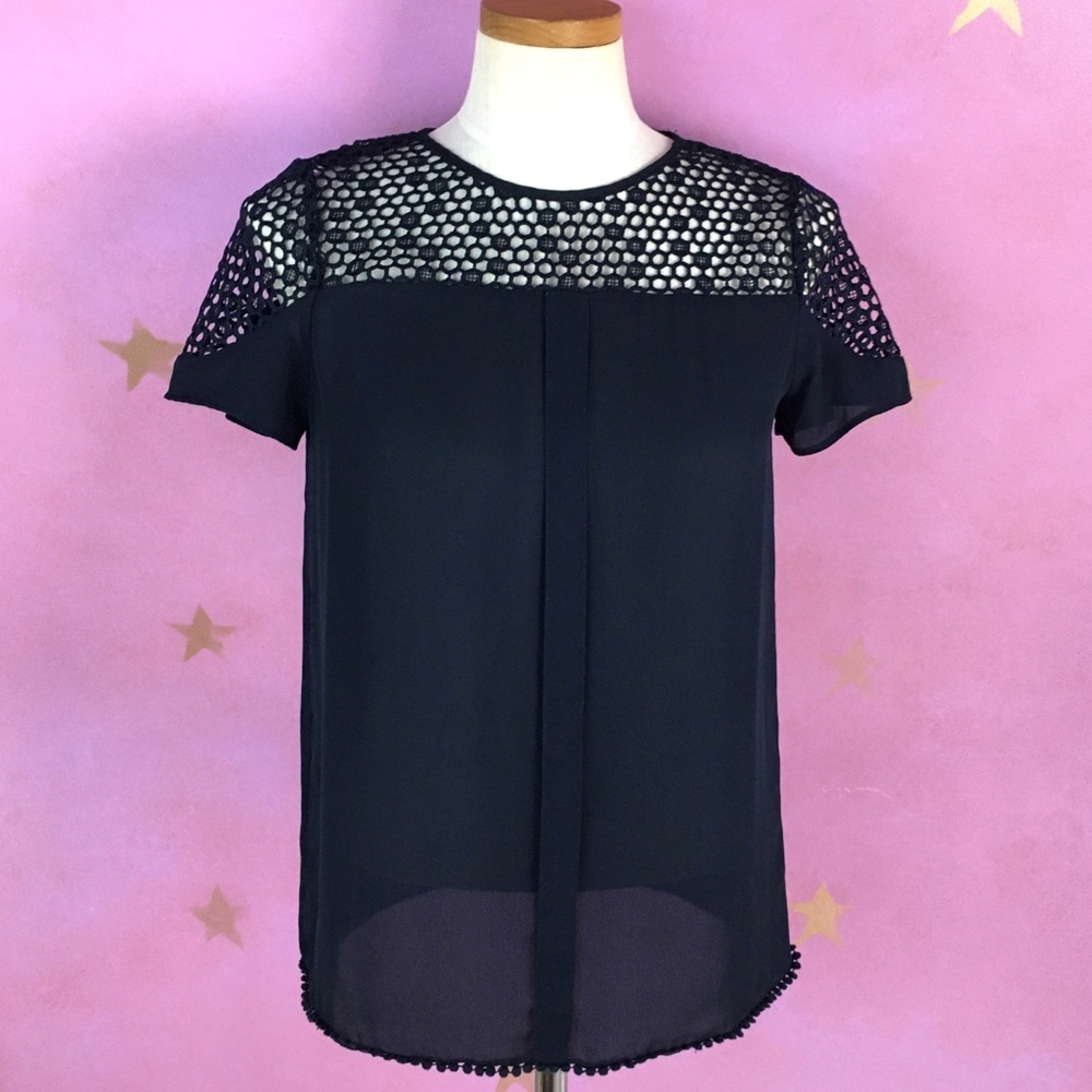 ZARA BASICS BLOUSE WOMEN'S SMALL NAVY BLUE FEMININE POLISHED LACE SHOULDER